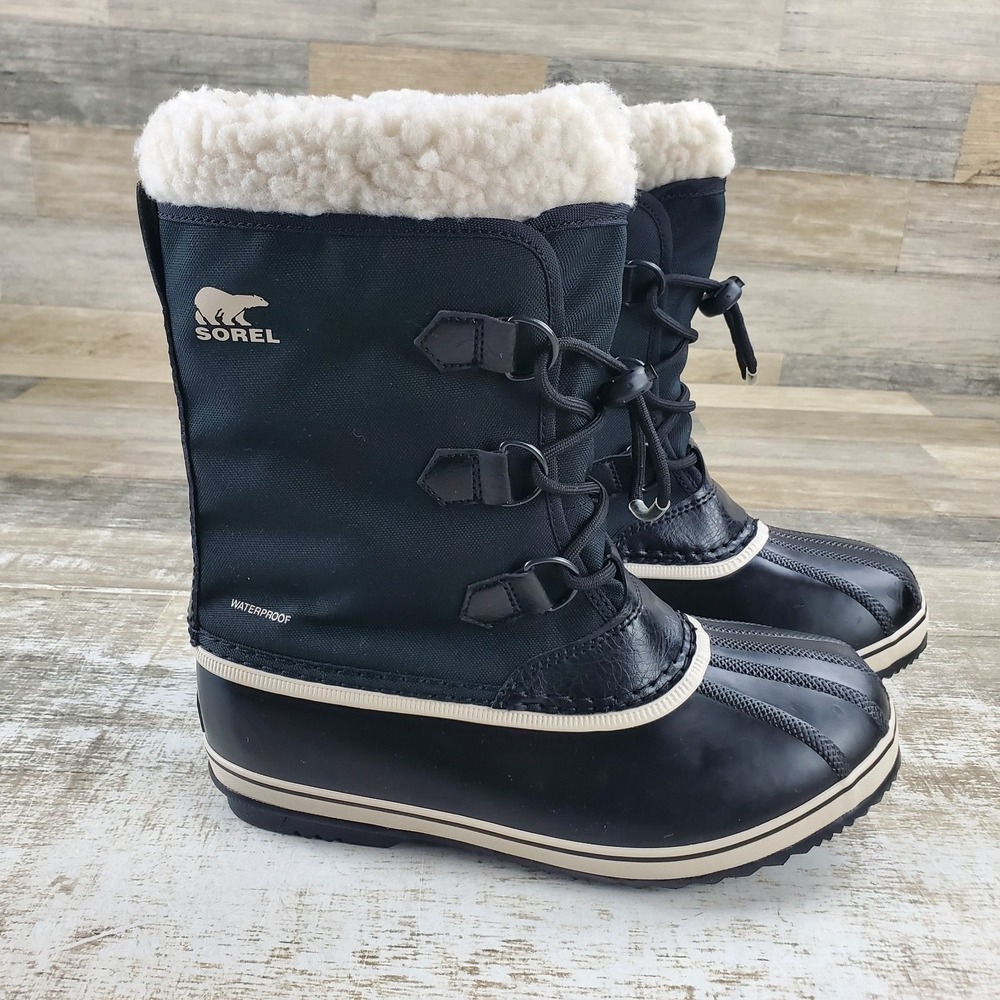 Sorel Yoot Pac Nylon Youth Winter Waterproof Boots Sz 6 Black Leather Shearling